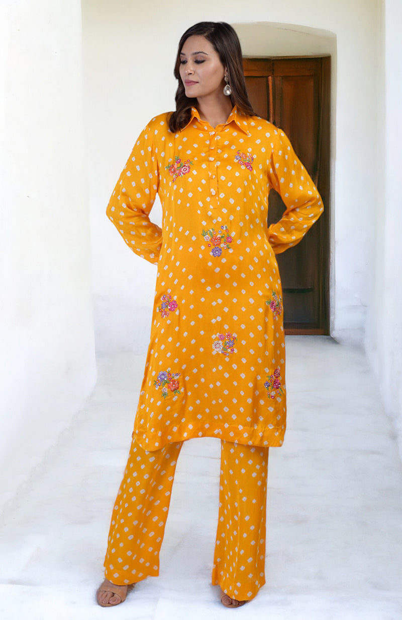 Turmeric yellow bandhej co-ord set with floral embroidery.
