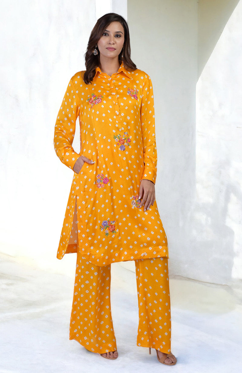 Turmeric yellow bandhej co-ord set with floral embroidery.
