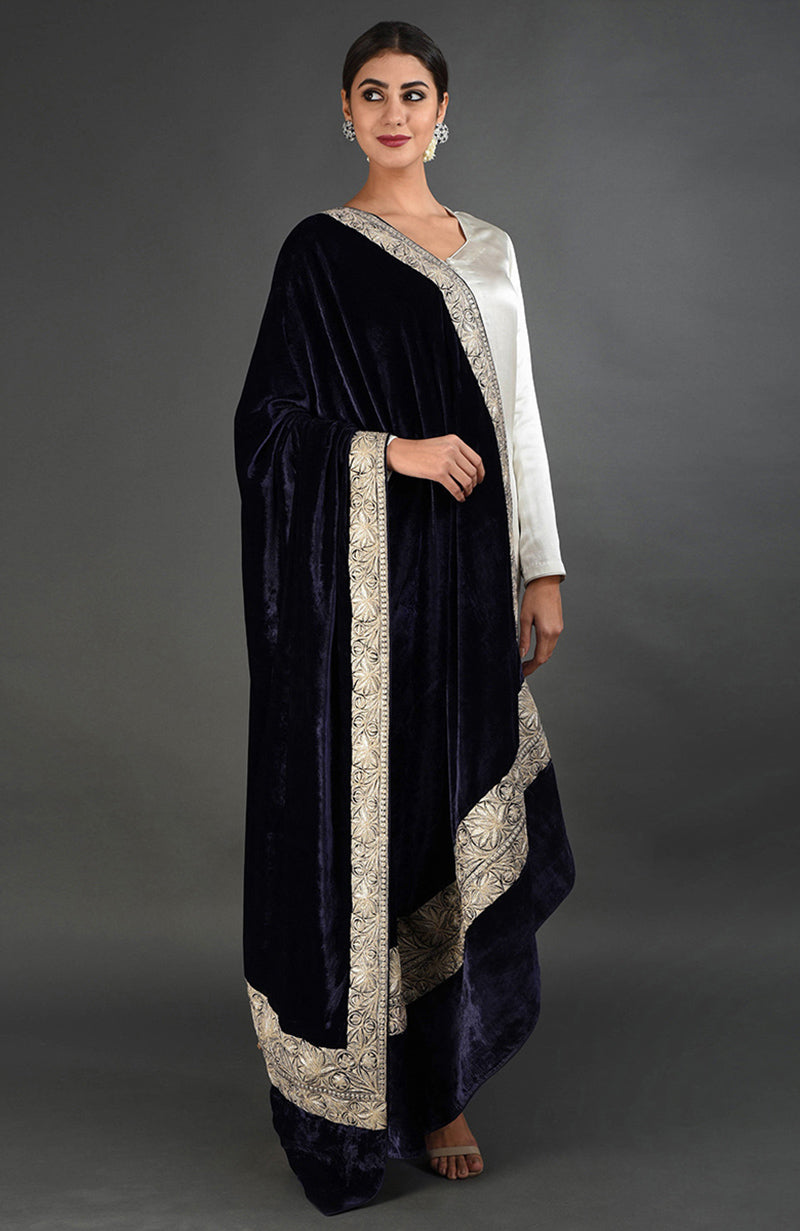 Midnight blue velvet dupatta shawl with antique silver Kashmiri tilla embroidery.