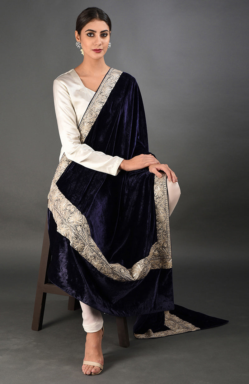 Midnight blue velvet dupatta shawl with Kashmiri tilla embroidery.