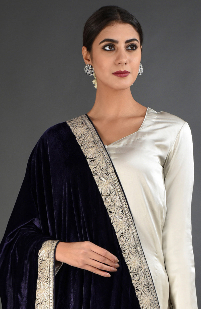 Midnight blue velvet dupatta shawl with antique silver Kashmiri tilla embroidery.