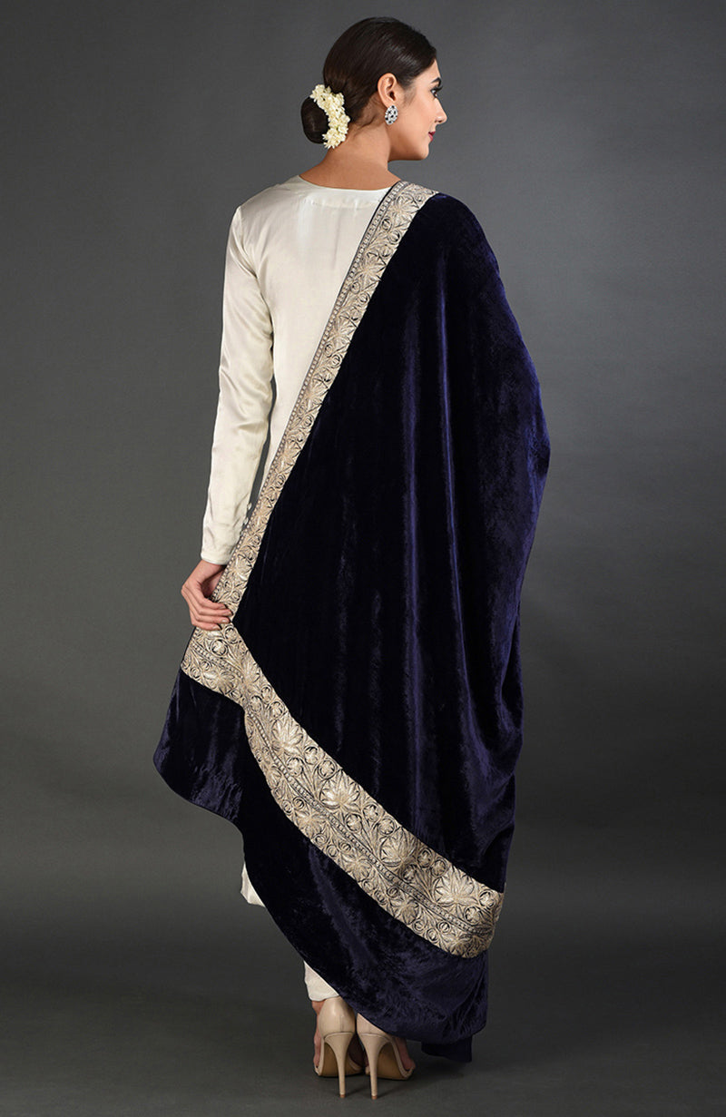 Midnight blue velvet shawl with antique silver Kashmiri tilla embroidery.