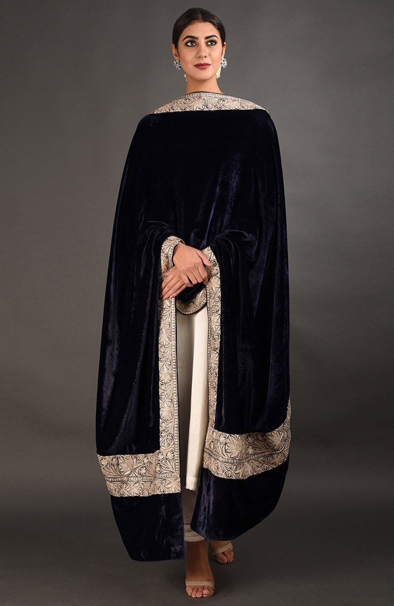 Midnight blue velvet dupatta shawl with antique silver Kashmiri tilla embroidery.