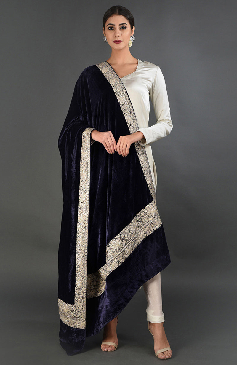 Midnight blue velvet dupatta shawl with antique silver Kashmiri tilla embroidery.