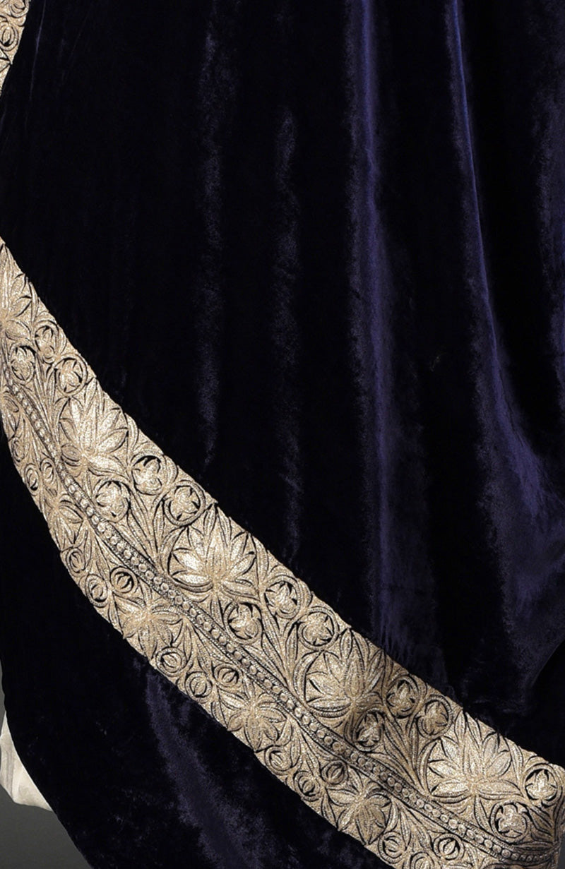 Midnight blue velvet shawl with intricate gold Kashmiri tilla embroidery.