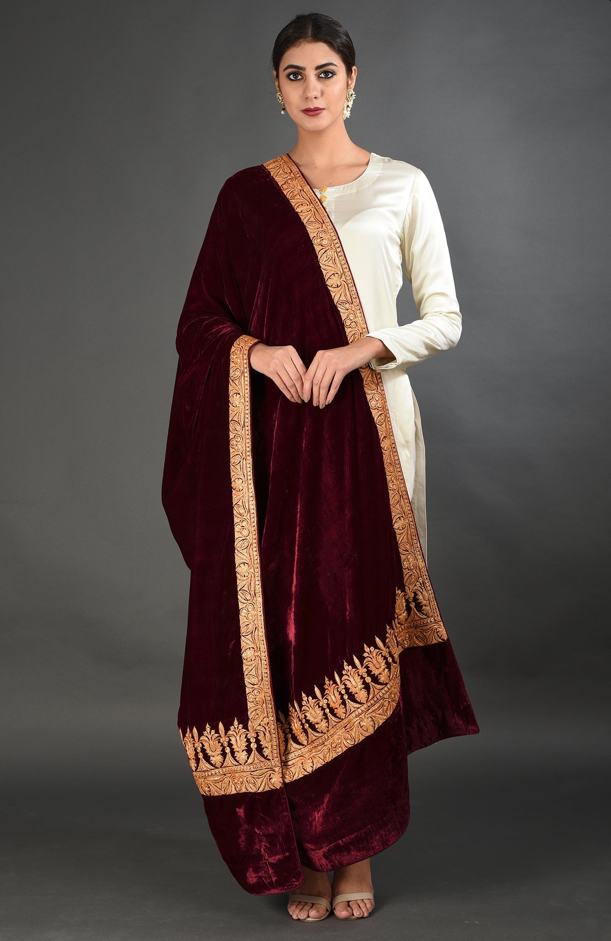 Maroon silk velvet dupatta with gold Kashmiri tilla embroidery on borders and pallav