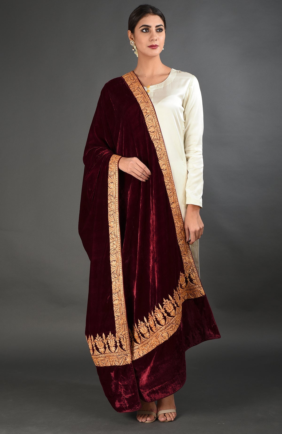 Maroon silk velvet dupatta with gold Kashmiri tilla embroidery on borders and pallav