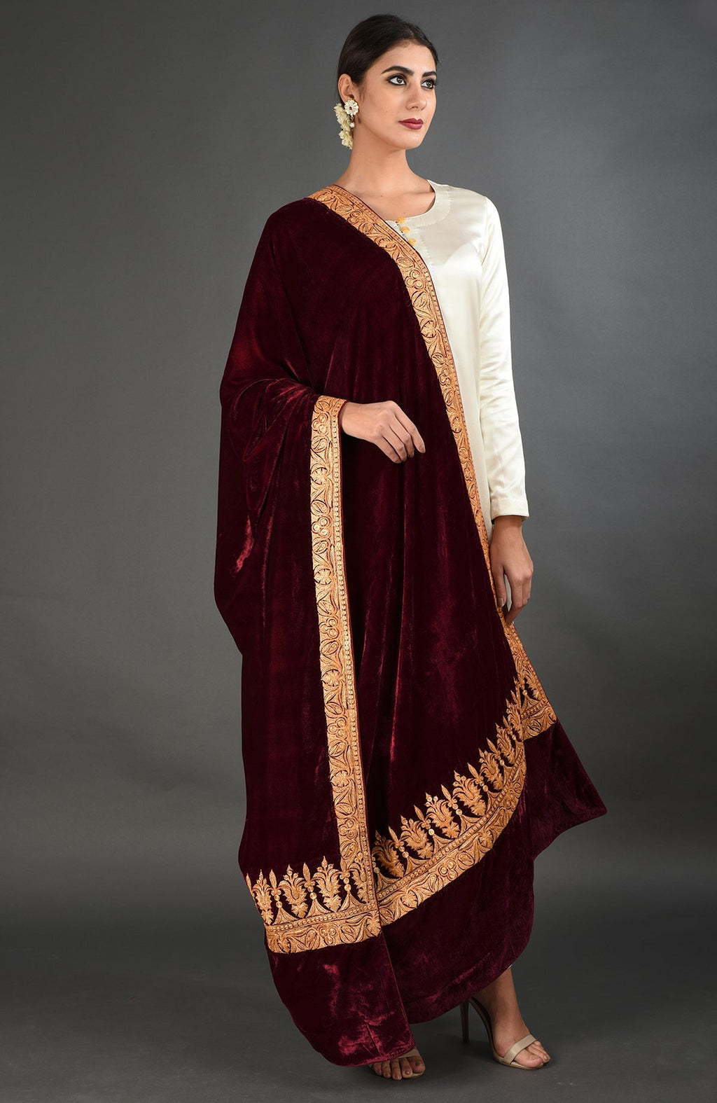 Maroon silk velvet dupatta with gold Kashmiri tilla embroidery on borders and pallav
