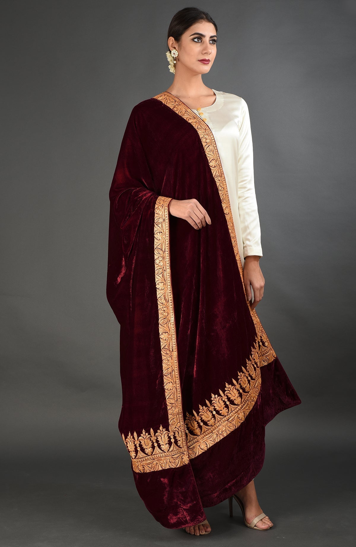 Maroon silk velvet dupatta with gold Kashmiri tilla embroidery on borders and pallav
