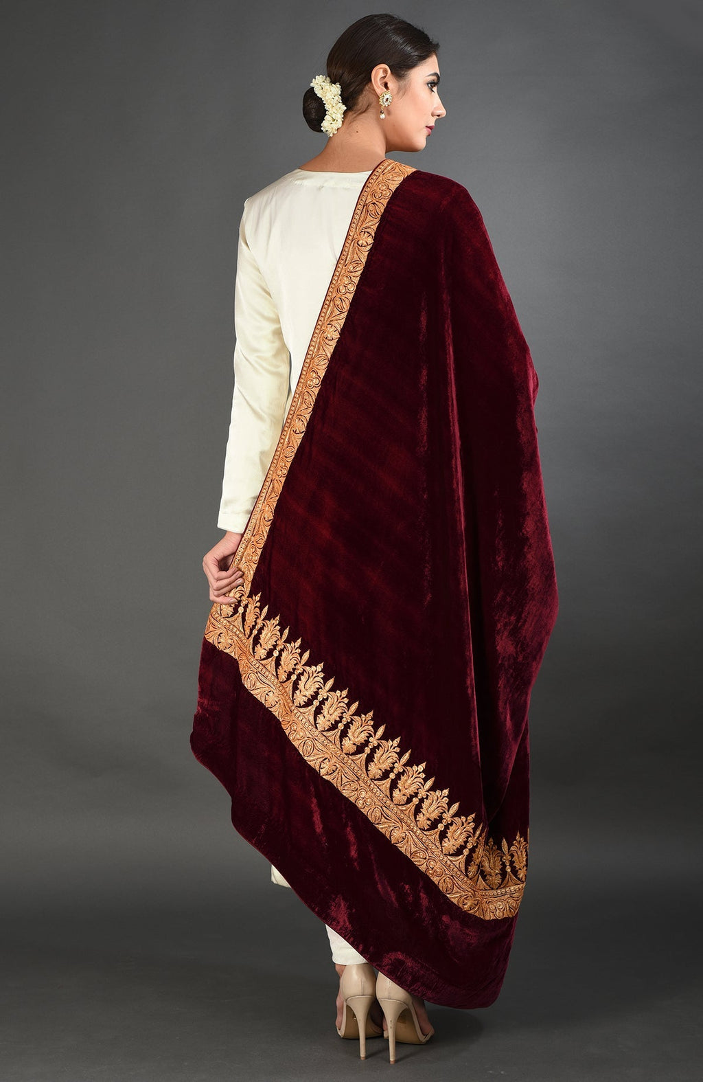 Maroon silk velvet dupatta with gold Kashmiri tilla embroidery on borders and pallav
