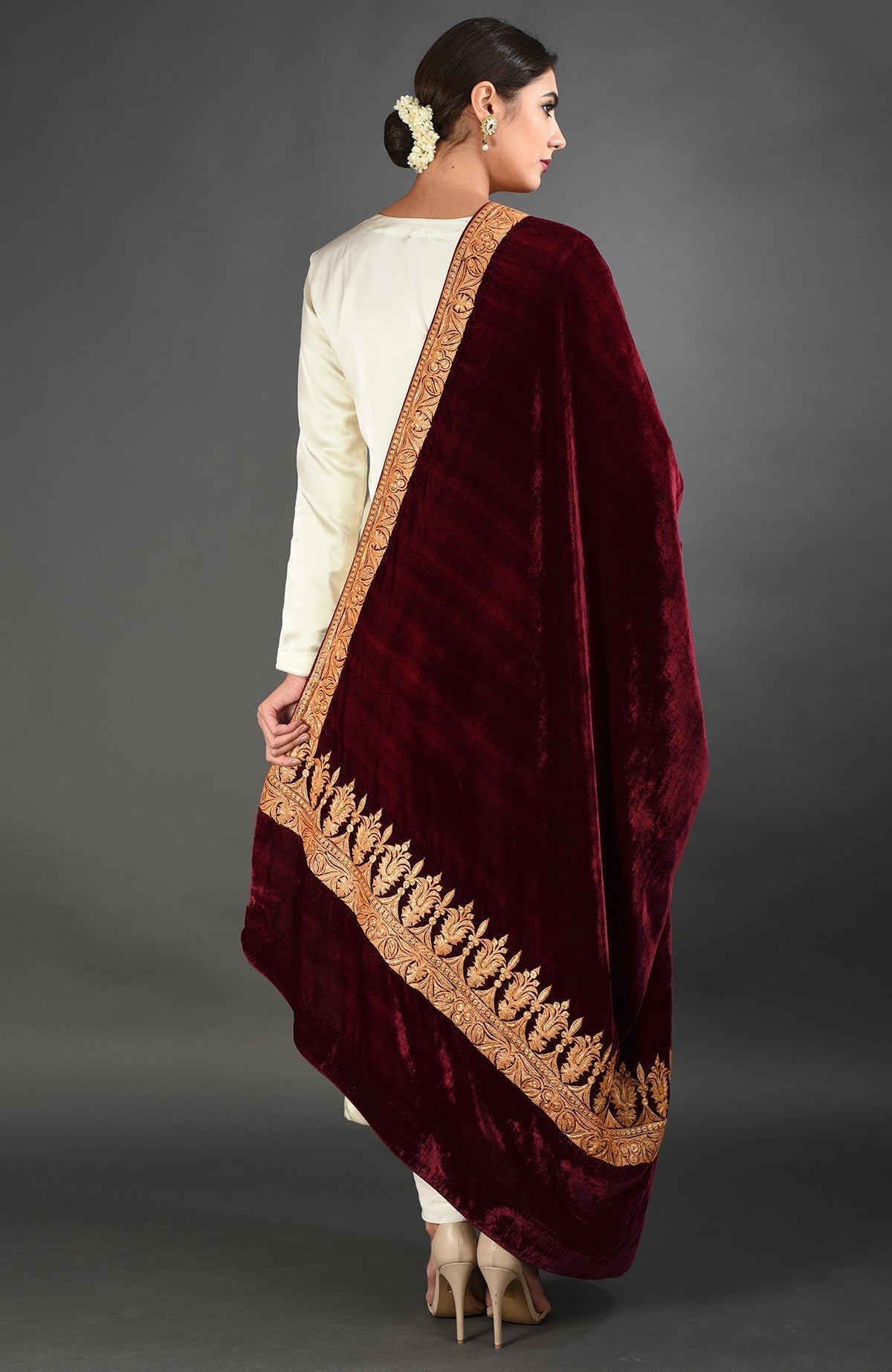 Maroon silk velvet dupatta with gold Kashmiri tilla embroidery on borders and pallav
