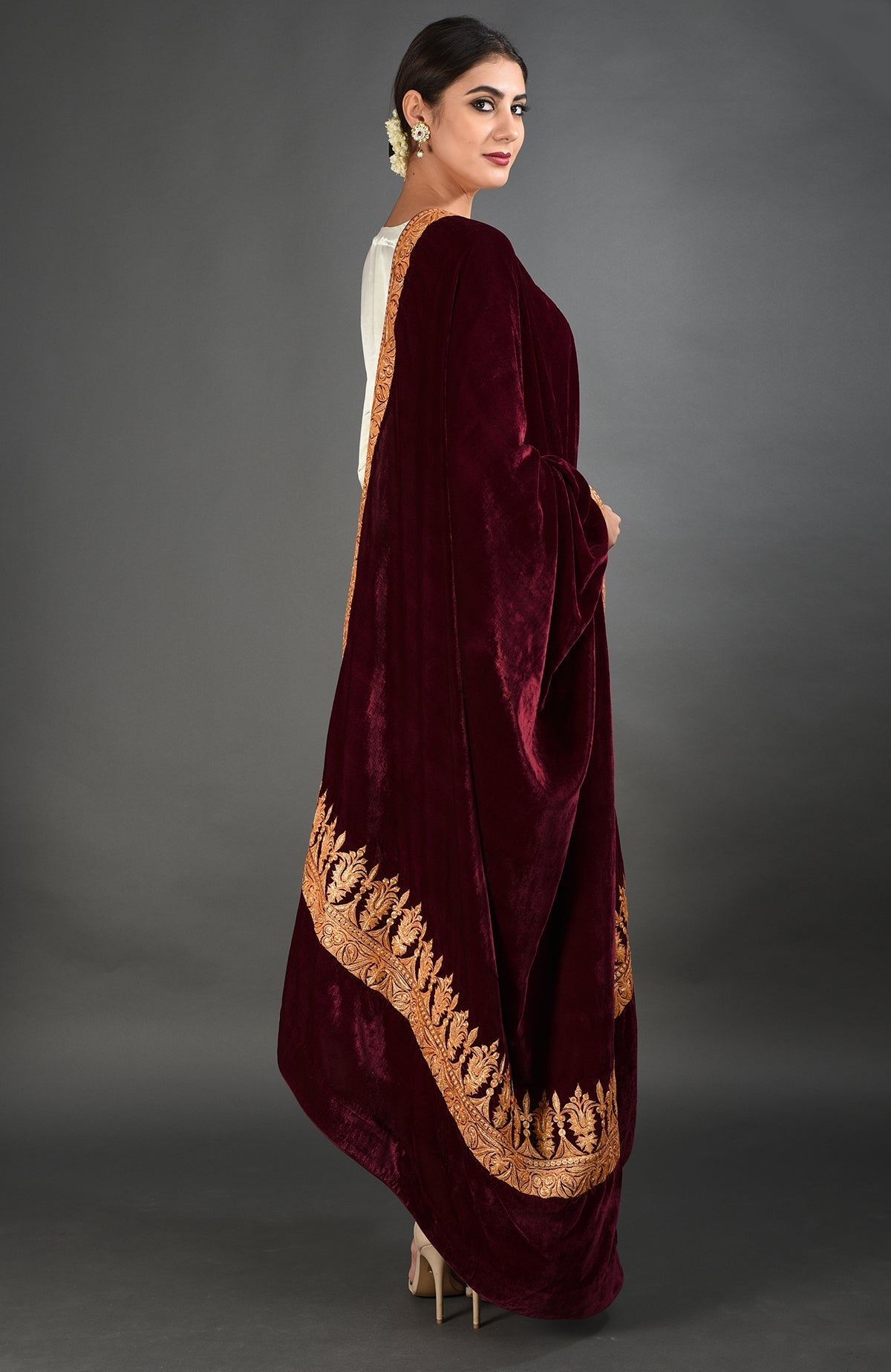 Maroon silk velvet dupatta with gold Kashmiri tilla embroidery on borders and pallav