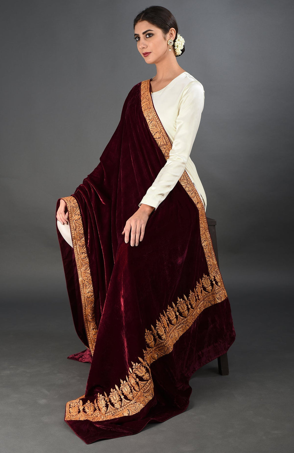 Maroon silk velvet dupatta with gold Kashmiri tilla embroidery on borders and pallav