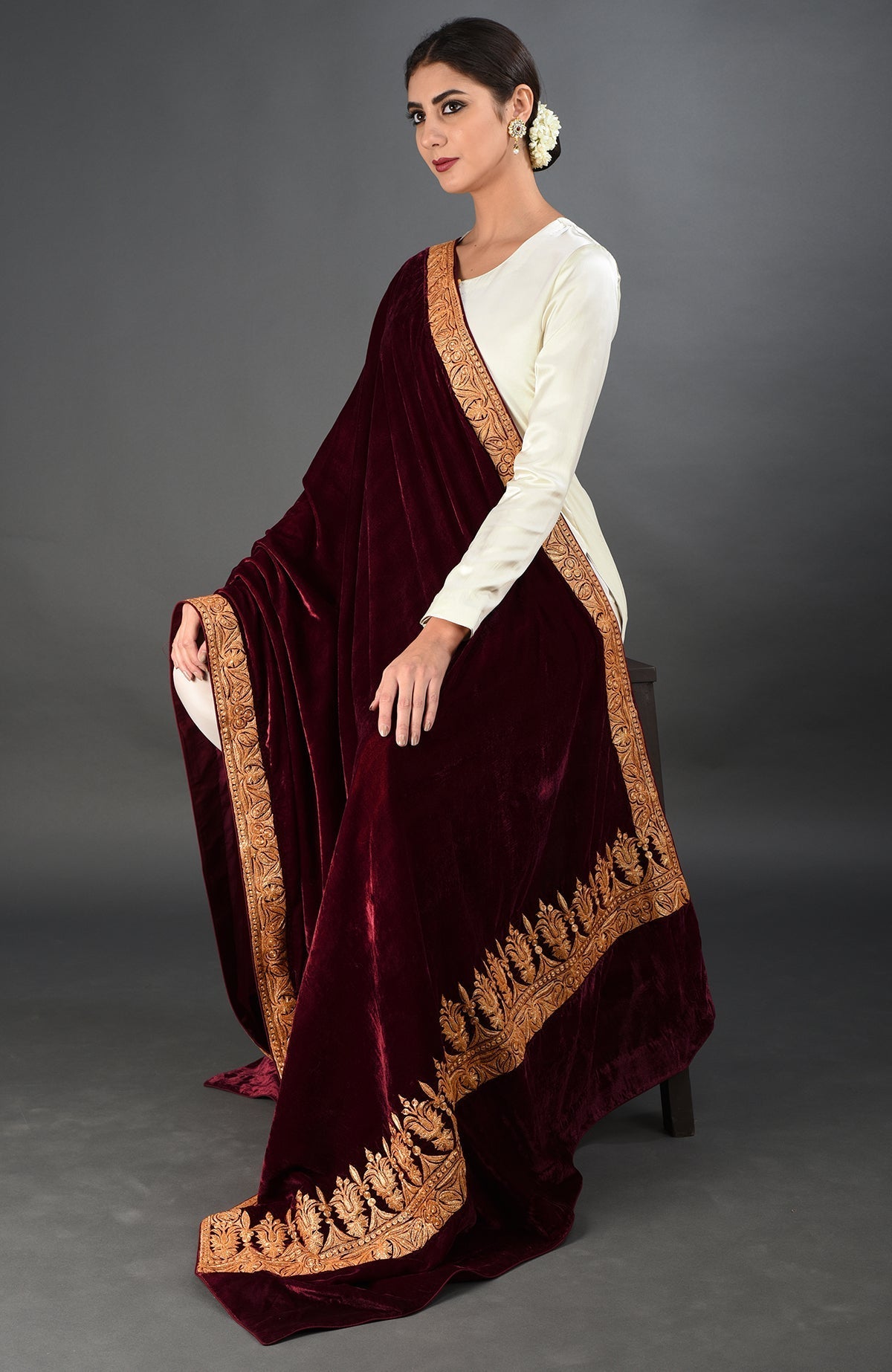 Maroon silk velvet dupatta with gold Kashmiri tilla embroidery on borders and pallav