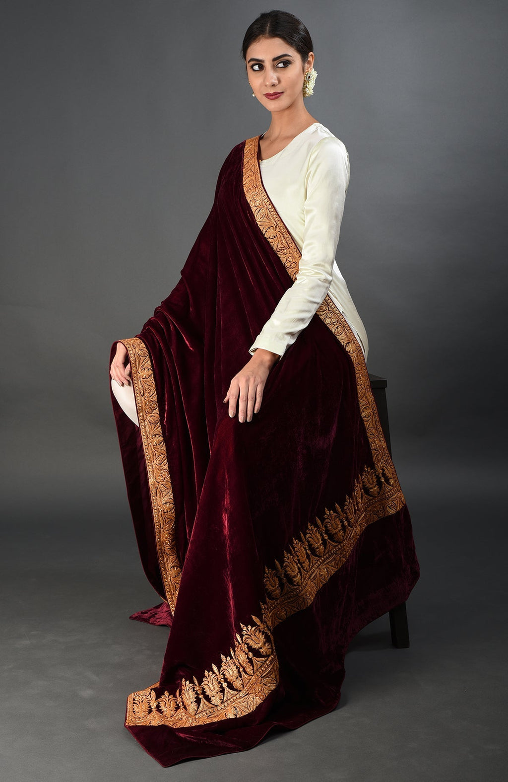 Maroon silk velvet dupatta with gold Kashmiri tilla embroidery on borders and pallav