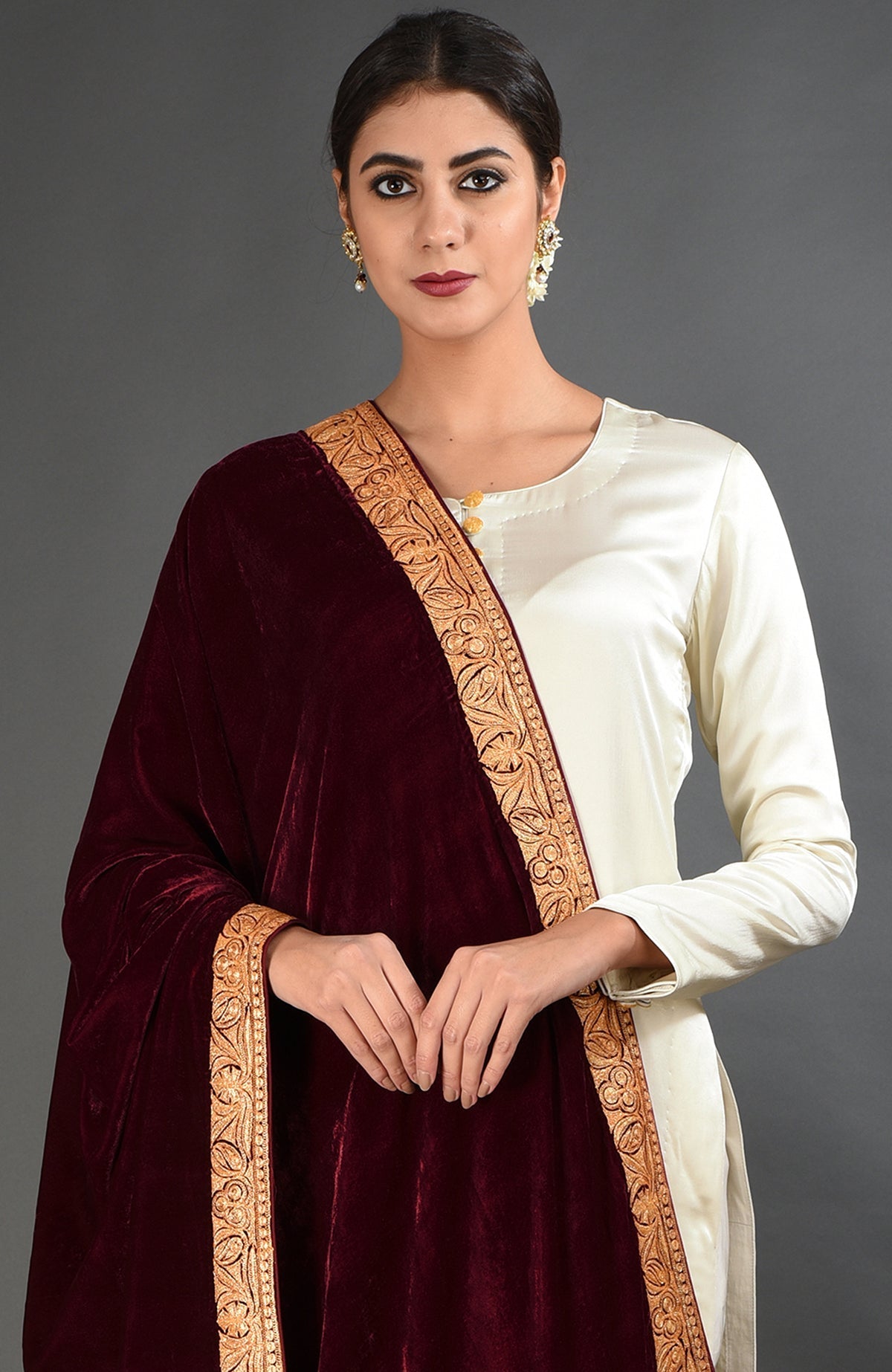 Maroon silk velvet dupatta with gold Kashmiri tilla embroidery on borders and pallav