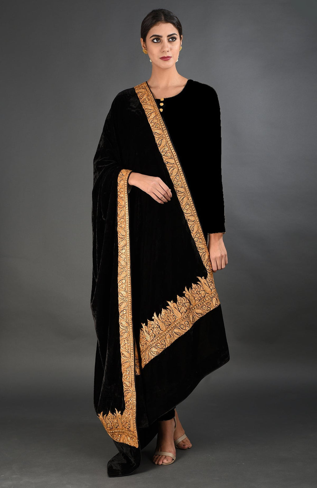 Black velvet dupatta shawl with gold Kashmiri Tilla embroidery.