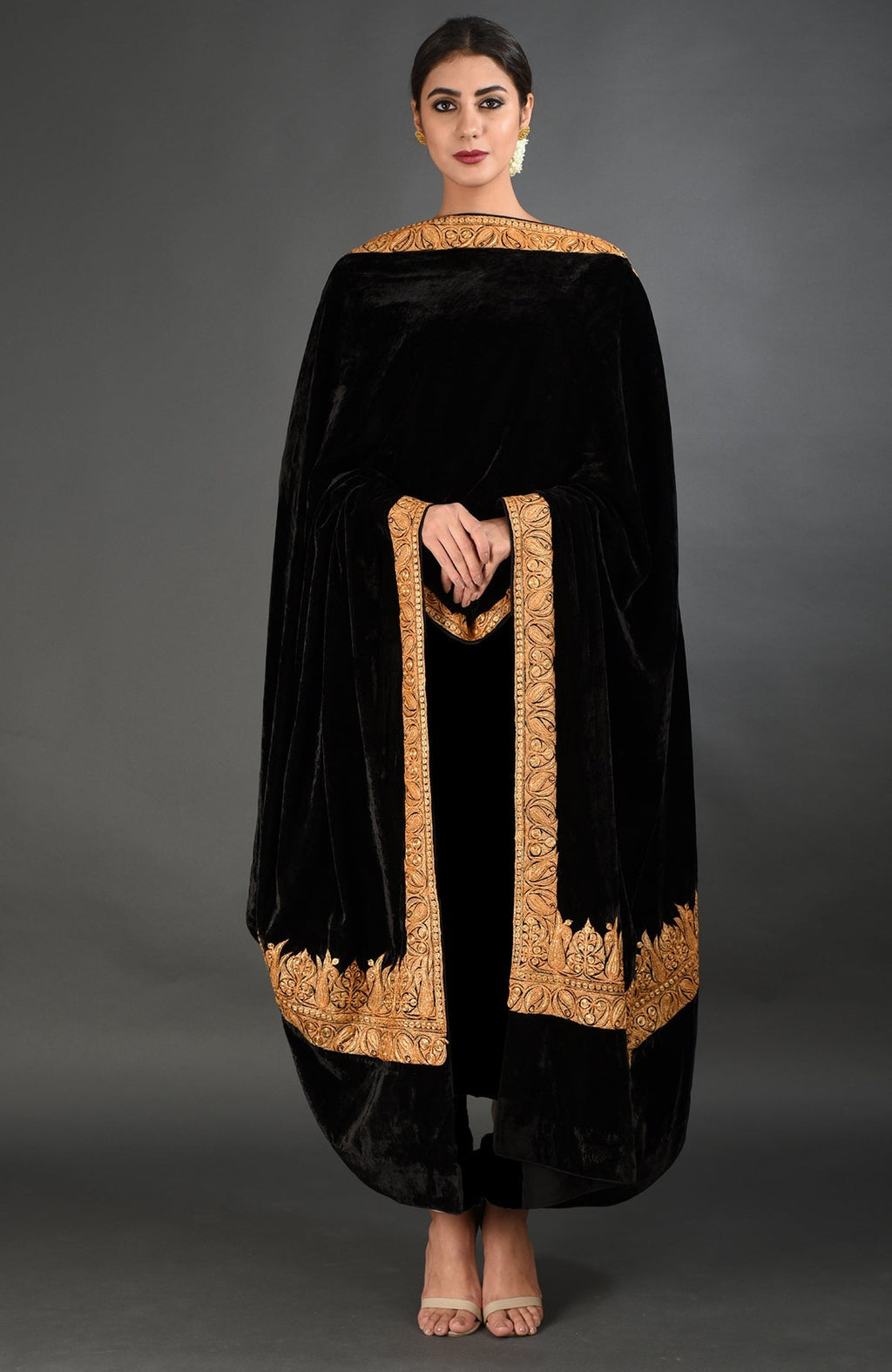 Black velvet dupatta shawl with gold Kashmiri Tilla embroidery.