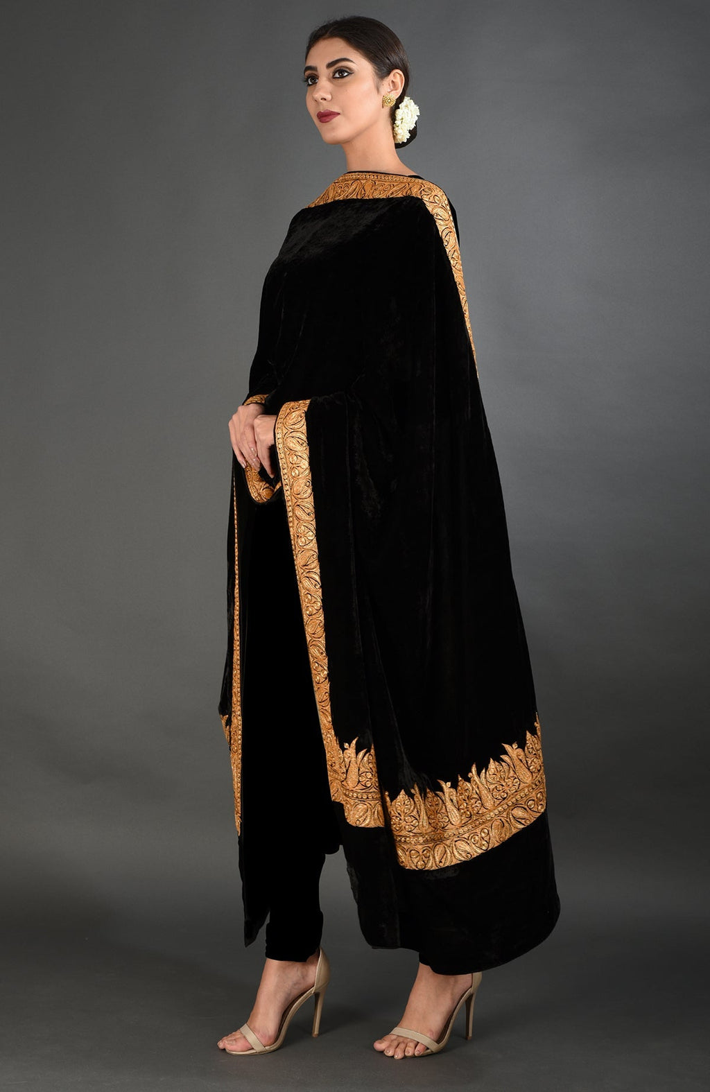 Black Kashmiri Tilla embroidered dupatta shawl with gold borders.