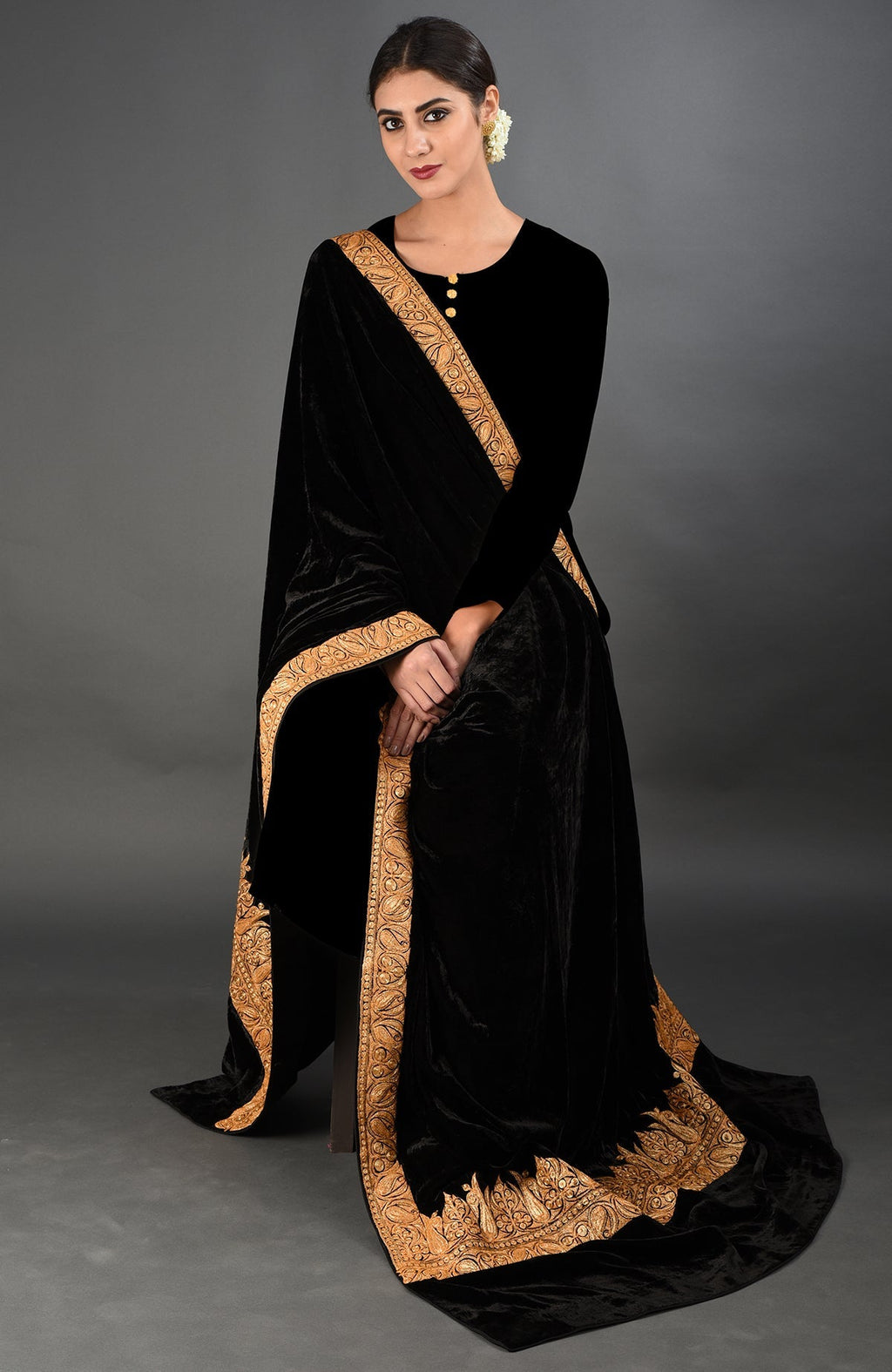 Black velvet dupatta shawl with gold Kashmiri Tilla embroidery.