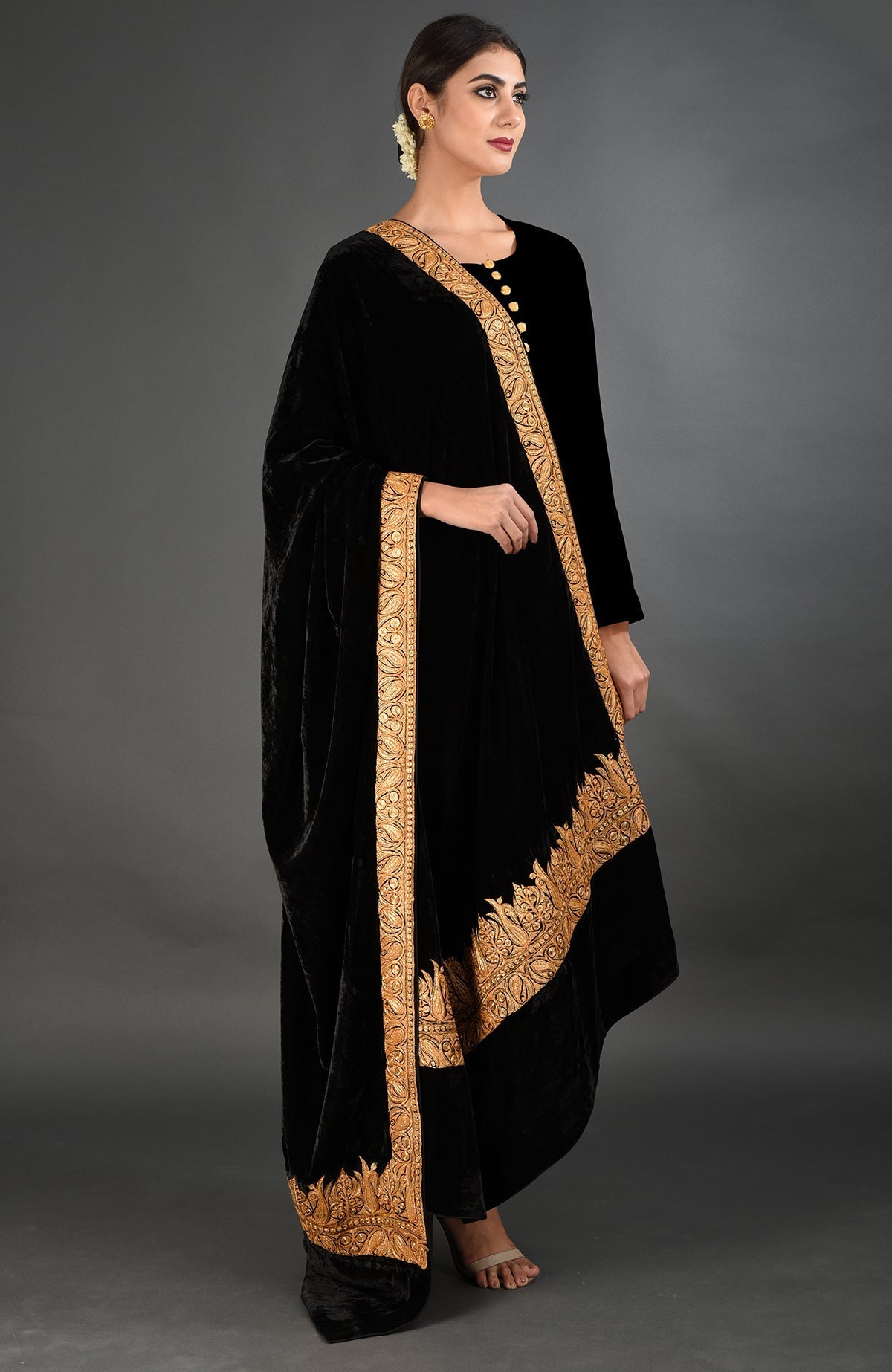 Black Kashmiri Tilla embroidered dupatta shawl with gold borders and pallav.
