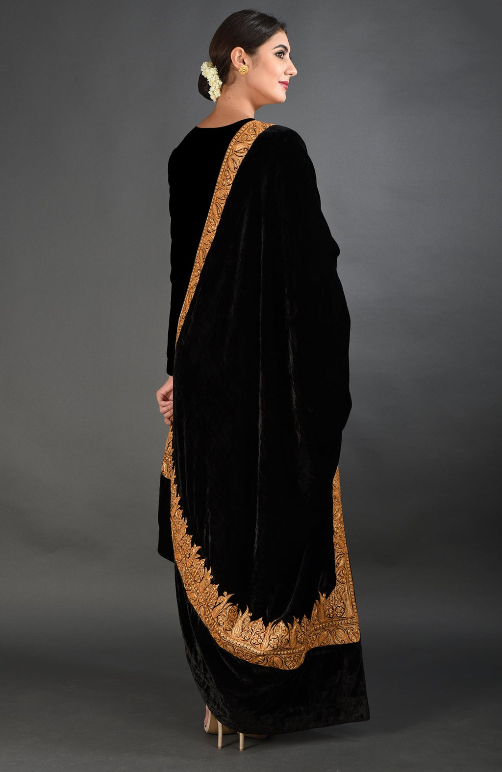 Black Kashmiri Tilla Embroidered Dupatta Shawl with gold embroidery.