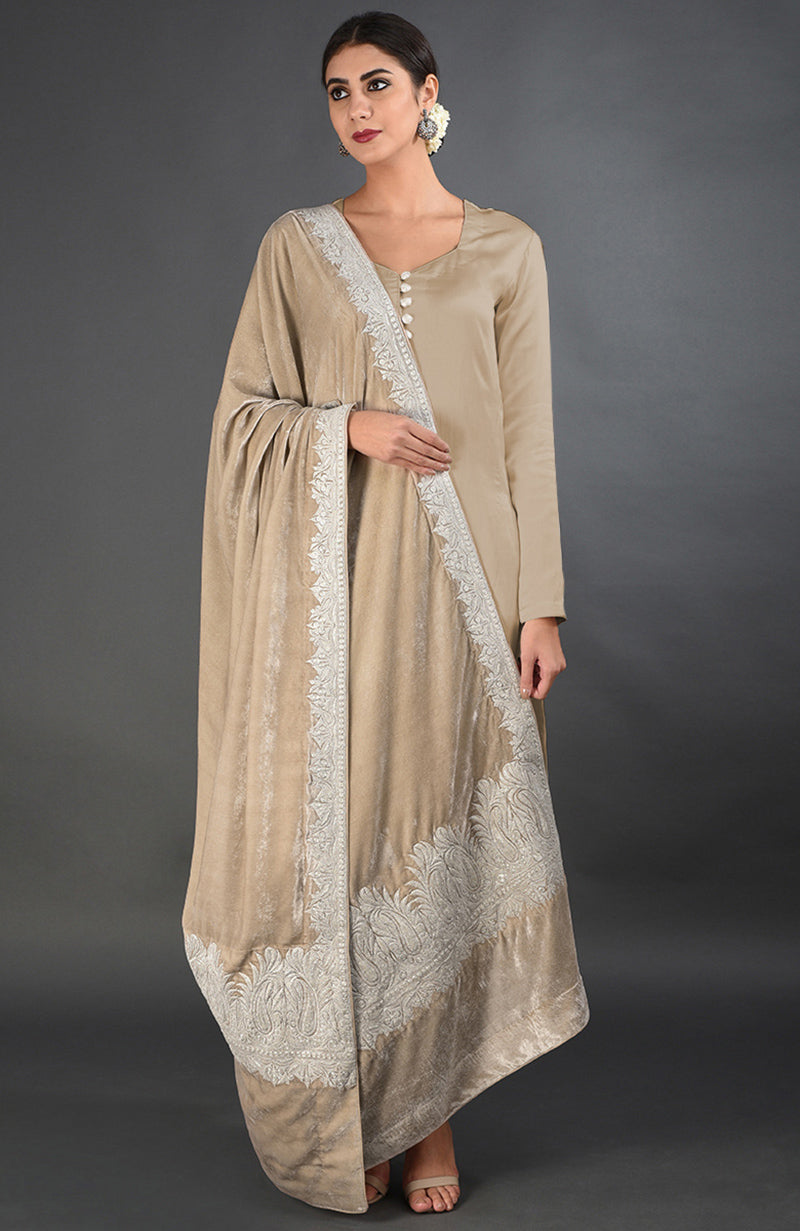 Beige Kashmiri Tilla embroidered dupatta with a matching suit.
