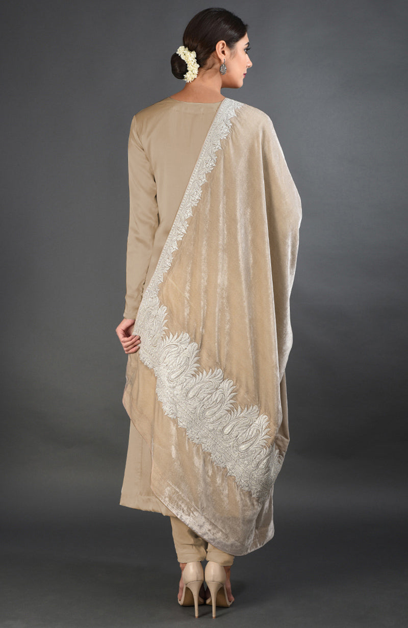 A woman from behind wearing a beige suit with an embroidered velvet dupatta.