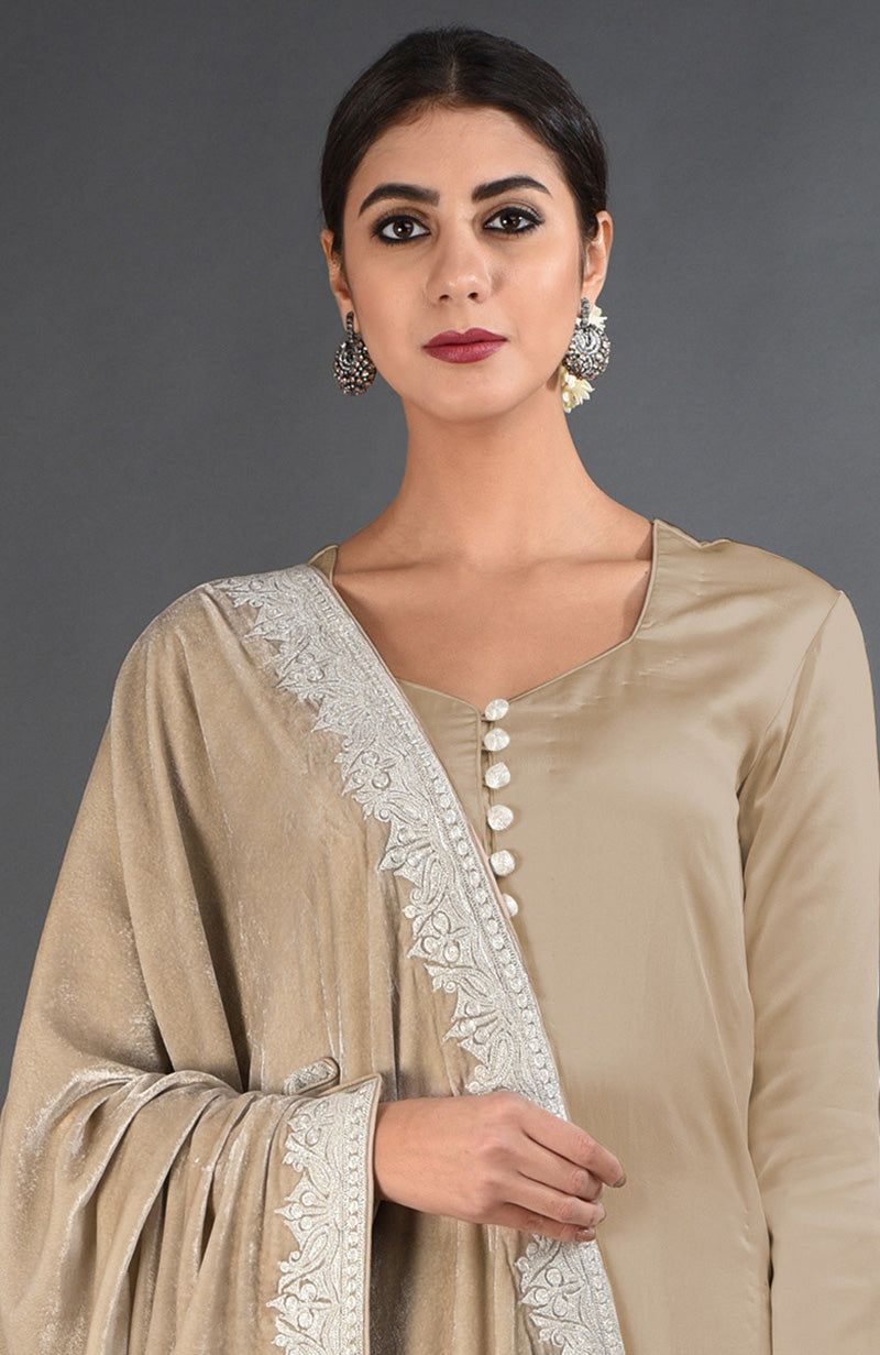 Woman in a beige suit with a velvet dupatta featuring silver tilla embroidery.
