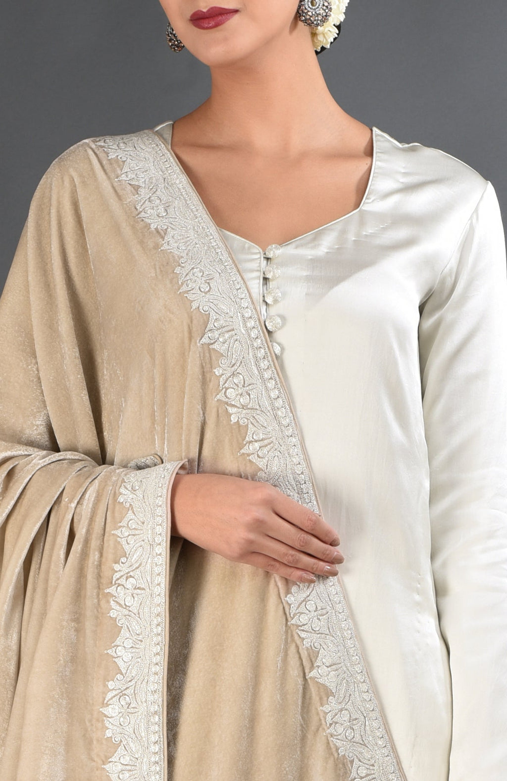 Beige silk velvet dupatta with silver Kashmiri tilla embroidery on borders and pallav