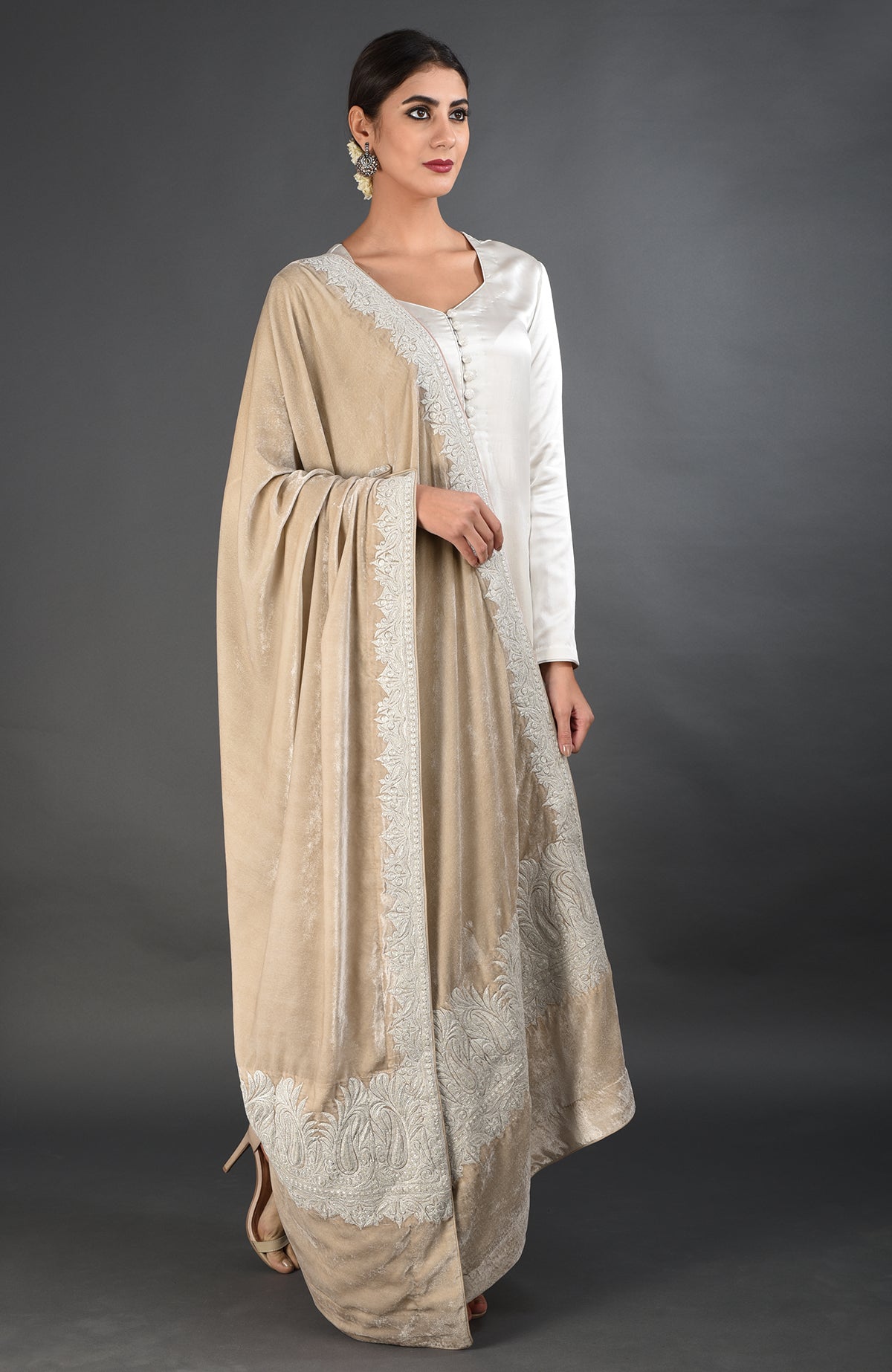 Beige silk velvet dupatta with silver Kashmiri tilla embroidery on borders and pallav