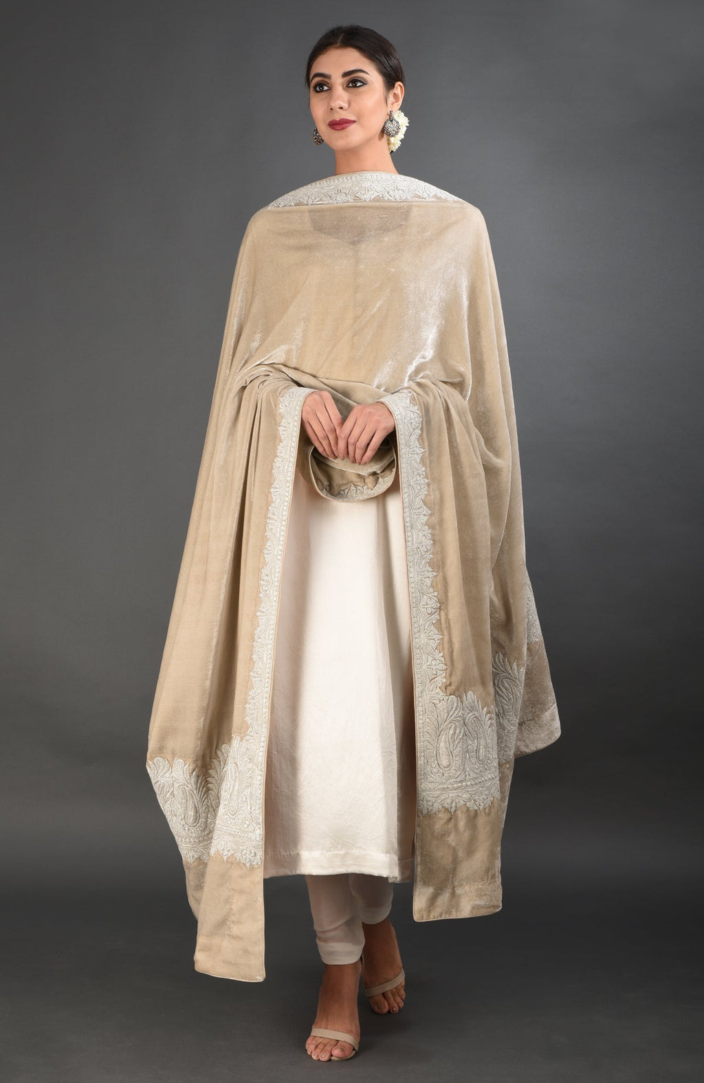 Beige silk velvet dupatta with silver Kashmiri tilla embroidery on borders and pallav