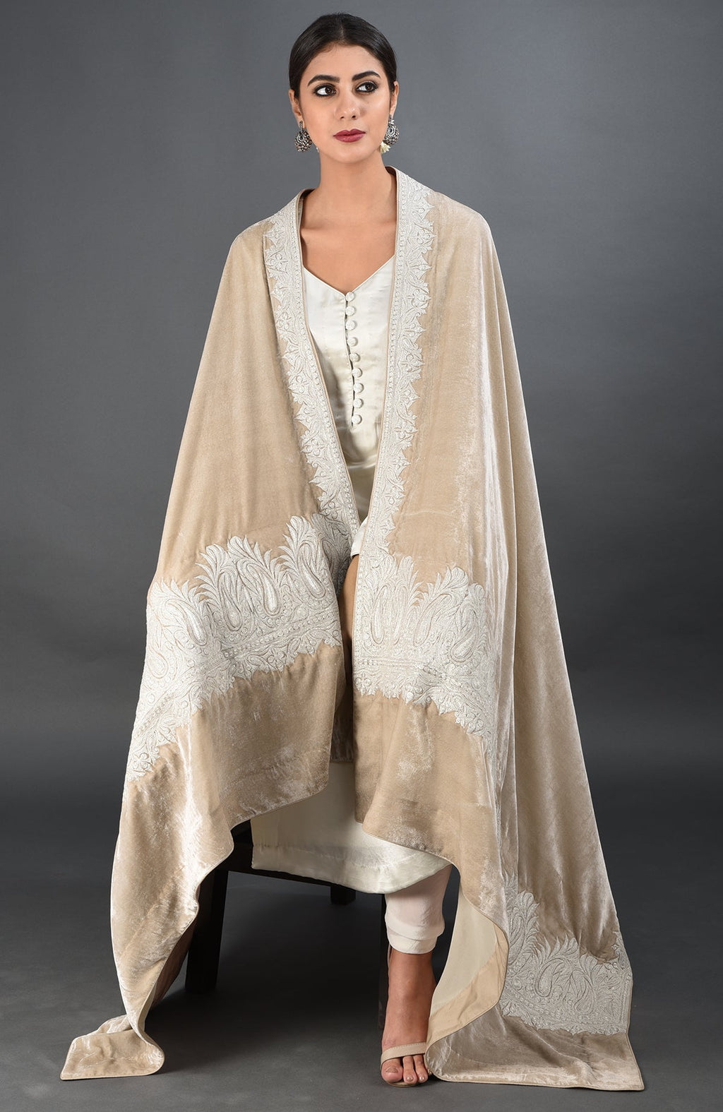 Beige silk velvet dupatta with silver Kashmiri tilla embroidery on borders and pallav