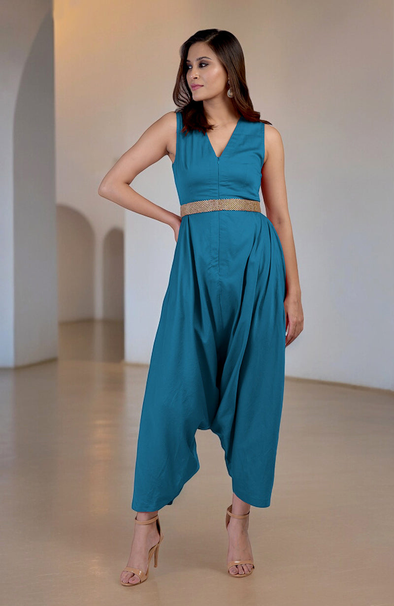 Celestial V-Neck Jumpsuit with a hand-dabka embroidered belt and afgani-style pants.