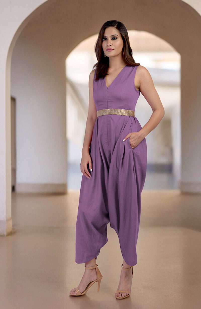 Lavender V-neck jumpsuit with a gold embroidered belt and side pockets.