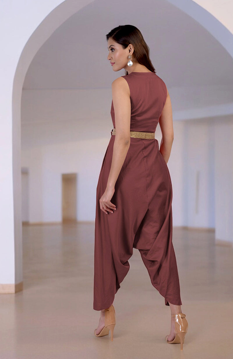 Marsala V-neck jumpsuit with a gold embroidered belt and Afgani-style pants.