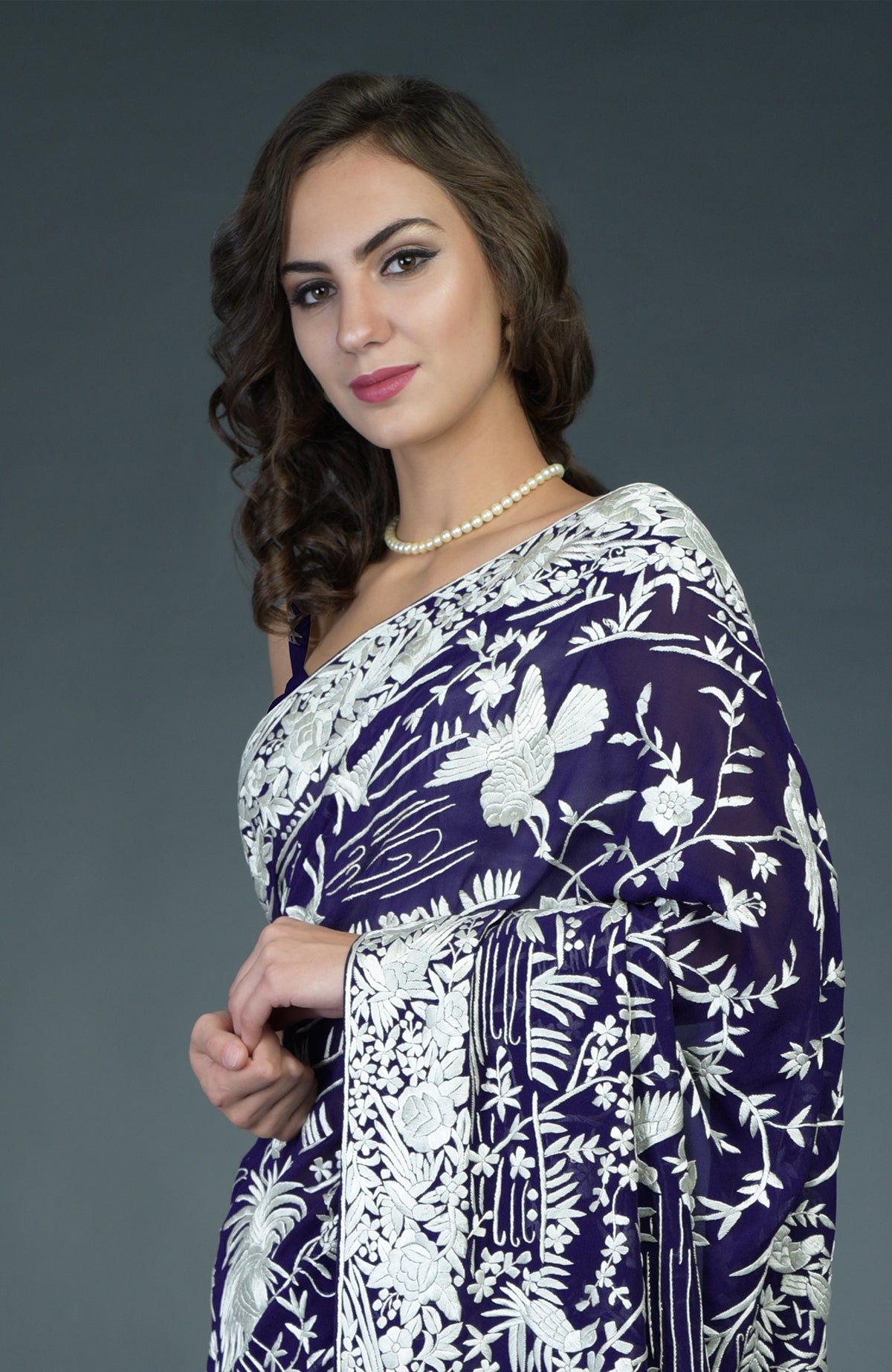Navy blue-ivory Parsi Gara hand-embroidered saree with bird and floral motifs.