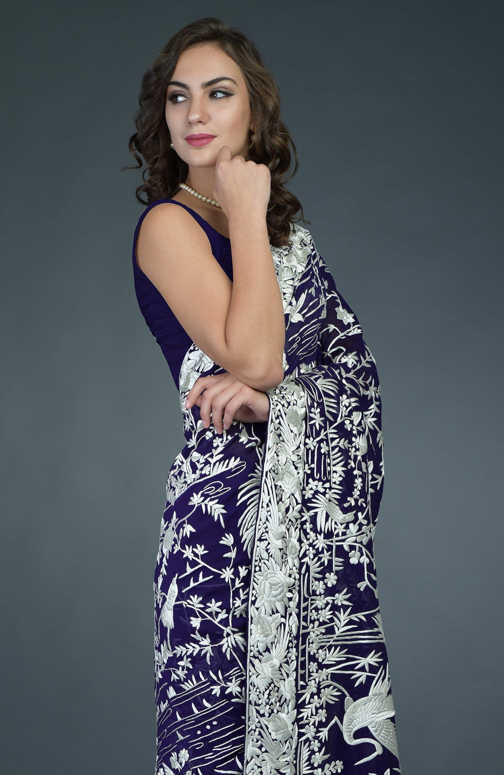 Woman in a navy blue Parsi Gara hand-embroidered saree with ivory floral and bird motifs.