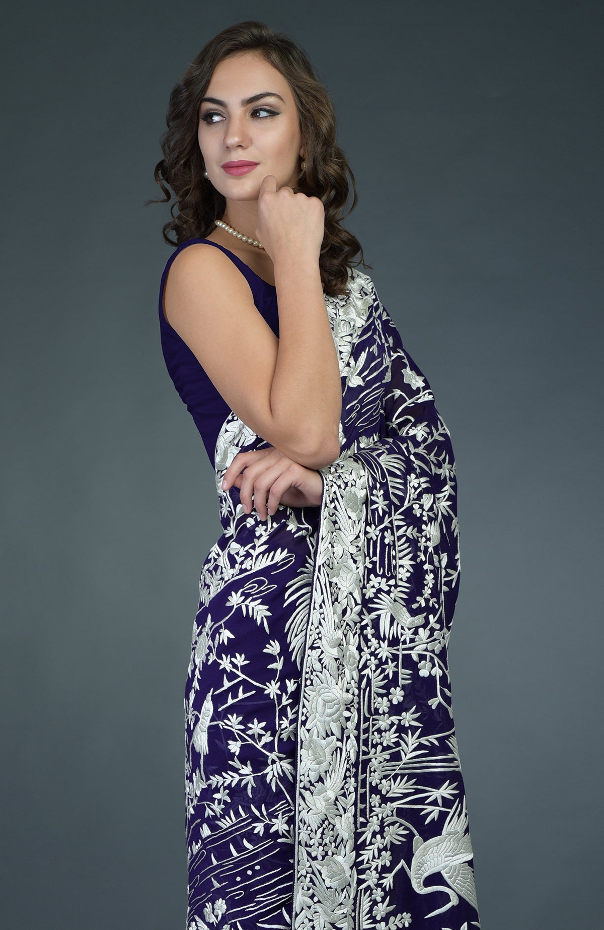 Woman in a navy blue Parsi Gara hand-embroidered saree with ivory floral and bird motifs.