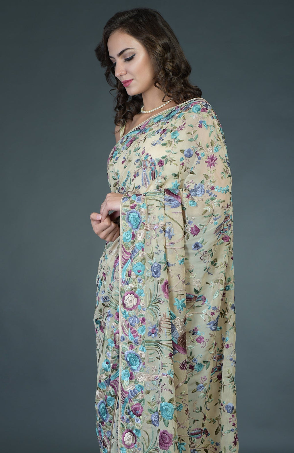 Fawn Parsi Gara hand-embroidered saree with floral and bird motifs.