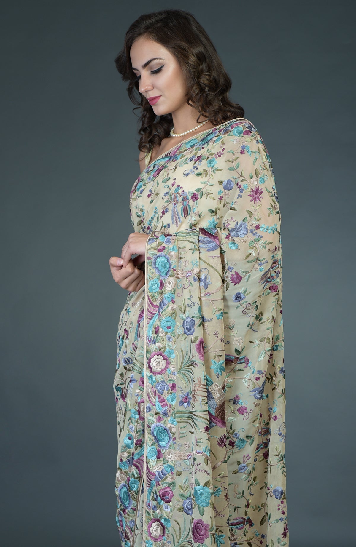 Fawn Parsi Gara hand-embroidered saree with floral and bird motifs.