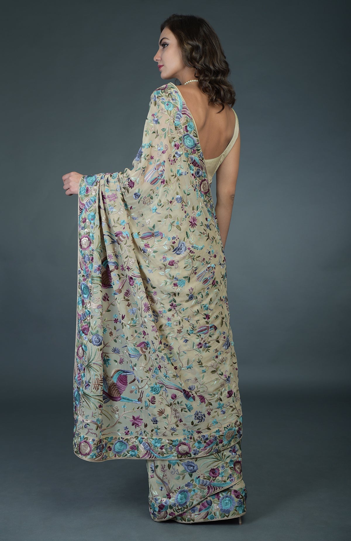 Fawn Parsi Gara hand-embroidered saree with birds and floral patterns.