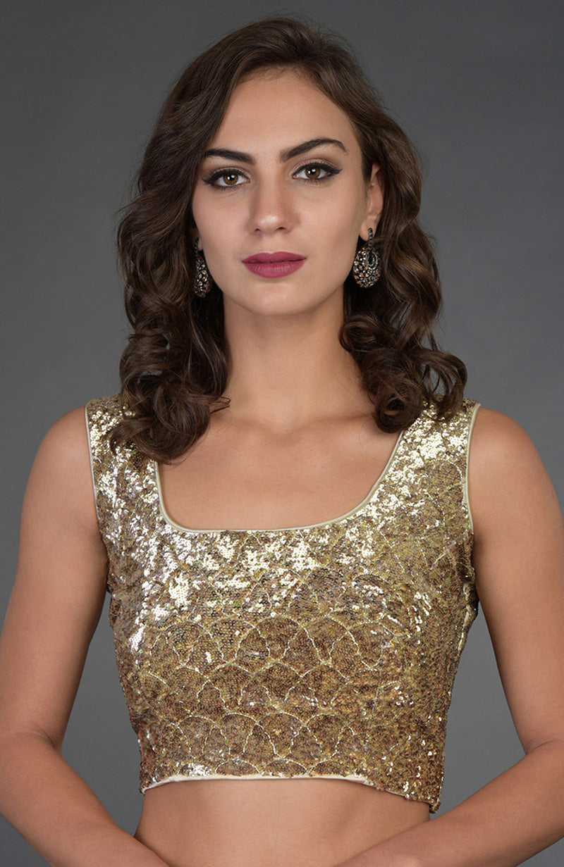 Gold sequin and zardozi hand embroidered blouse with a U-shaped neckline.