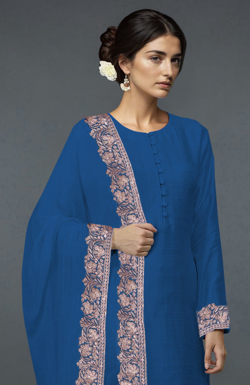Imperial blue Kashmiri Tilla embroidered suit with matching dupatta.