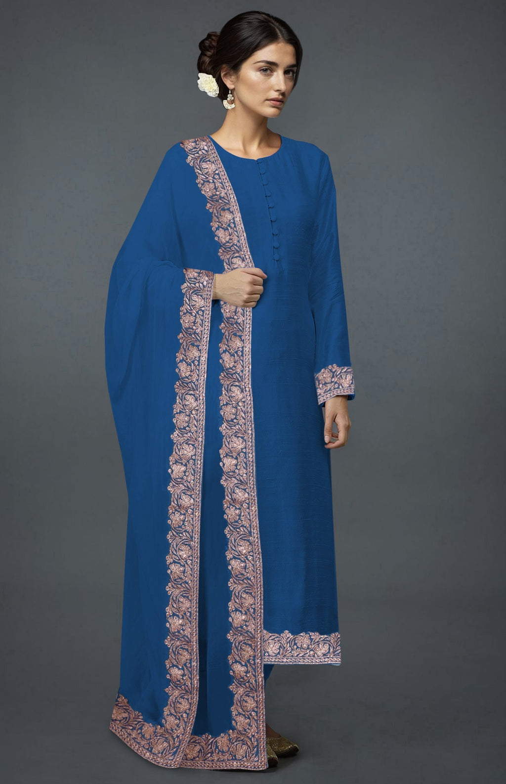 An imperial blue Kashmiri Tilla embroidered suit with a matching dupatta.