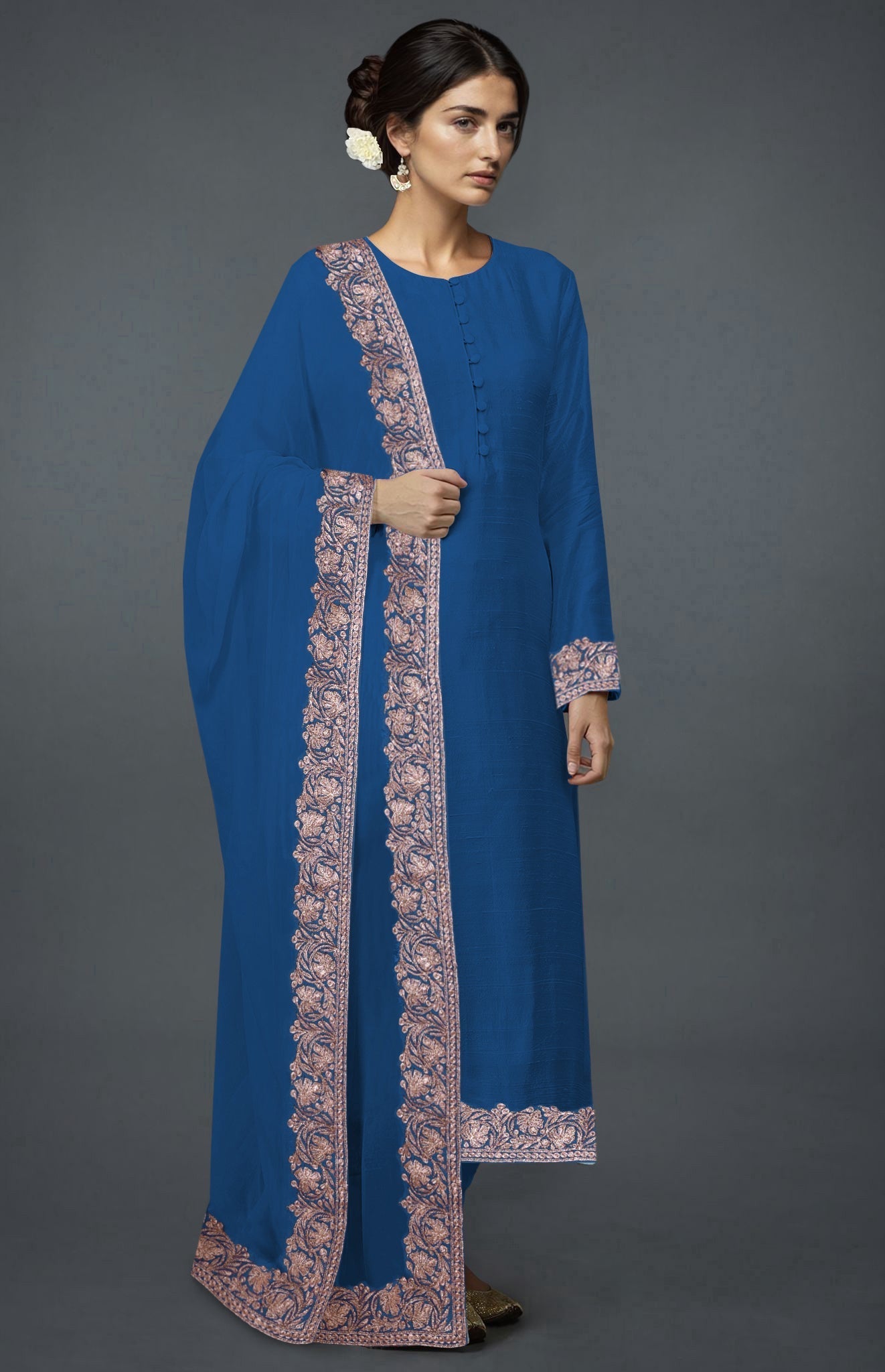 An imperial blue Kashmiri Tilla embroidered suit with a matching dupatta.