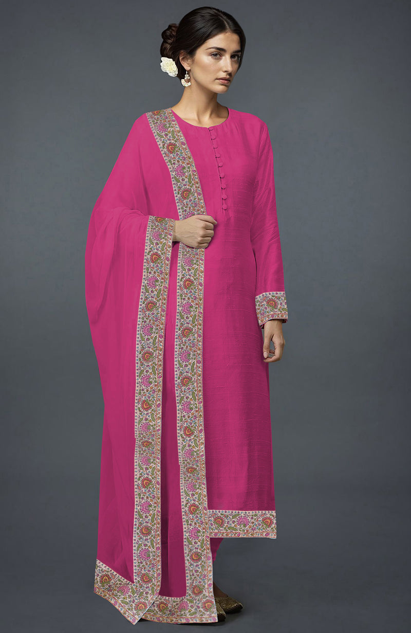Pink raw silk suit with multicolor Kashmiri Kashidakari hand embroidery.