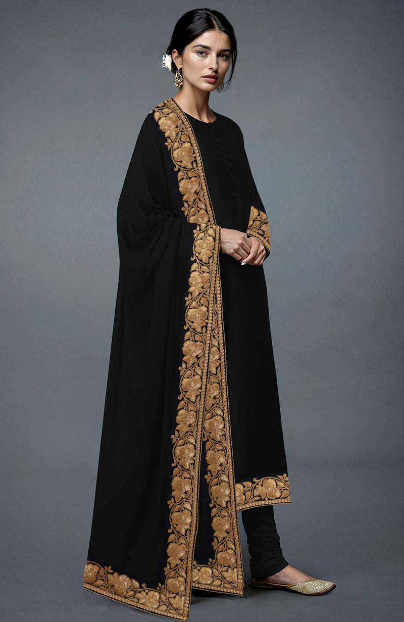 Black Kashmiri Tilla Embroidered Suit with intricate gold embroidery.