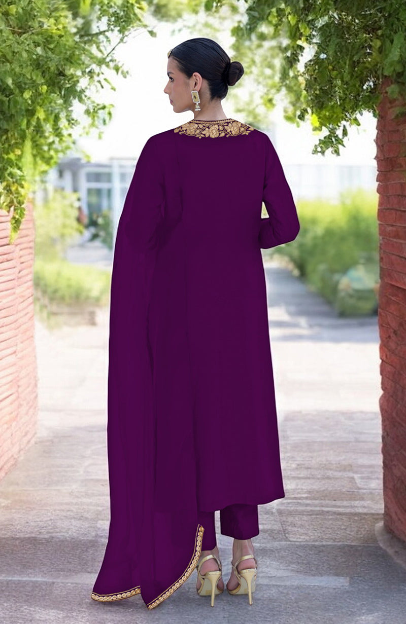 A woman from behind wears a plum purple Kashmiri Tilla embroidered kurta set.