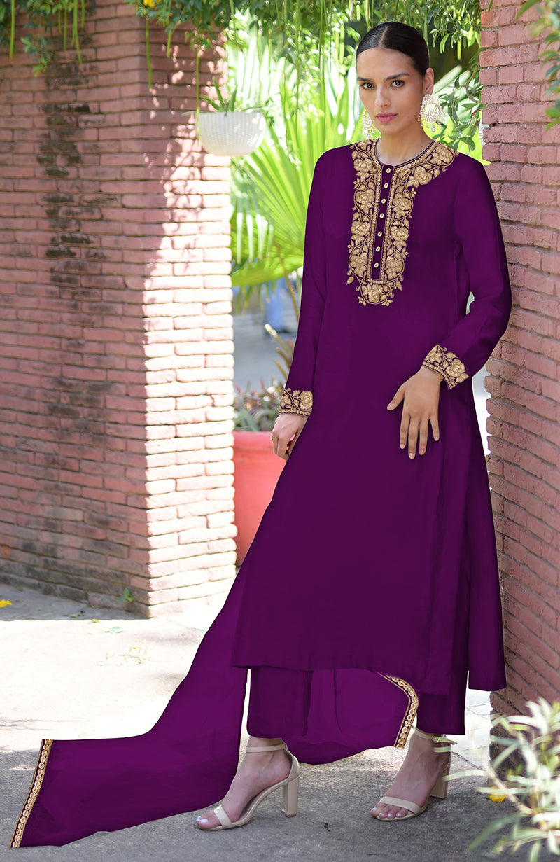 Purple Kashmiri Tilla embroidered kurta set with matching pants and dupatta.